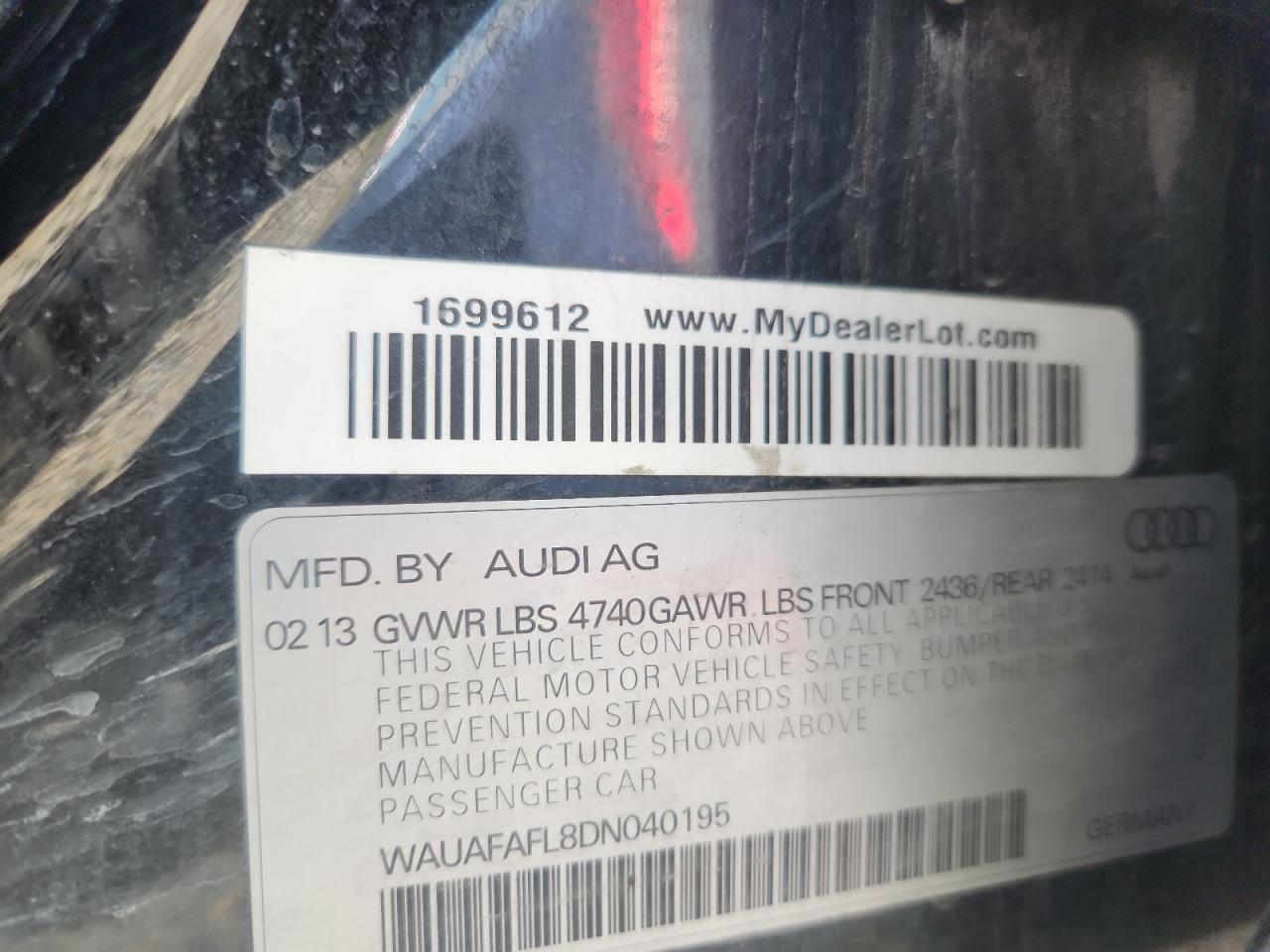 2013 Audi A4 Premium VIN: WAUAFAFL8DN040195 Lot: 84476135