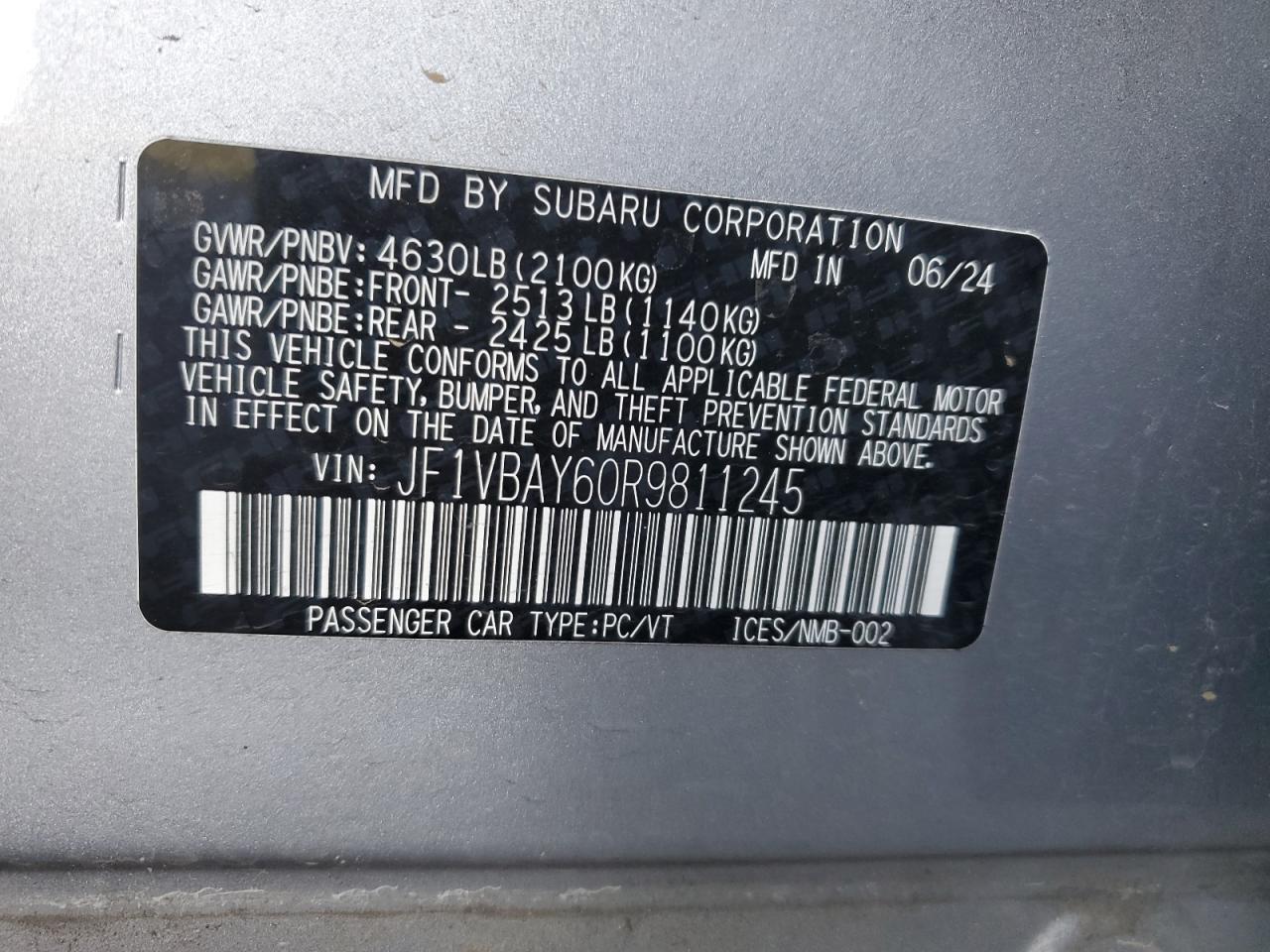 2024 Subaru Wrx Tr VIN: JF1VBAY60R9811245 Lot: 83768935