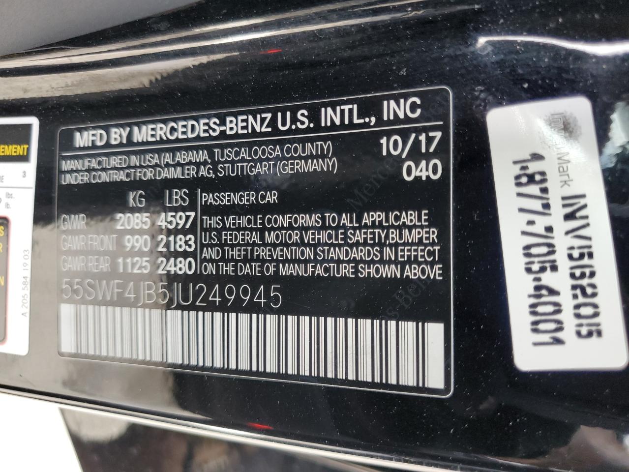 2018 Mercedes-Benz C 300 VIN: 55SWF4JB5JU249945 Lot: 80854015