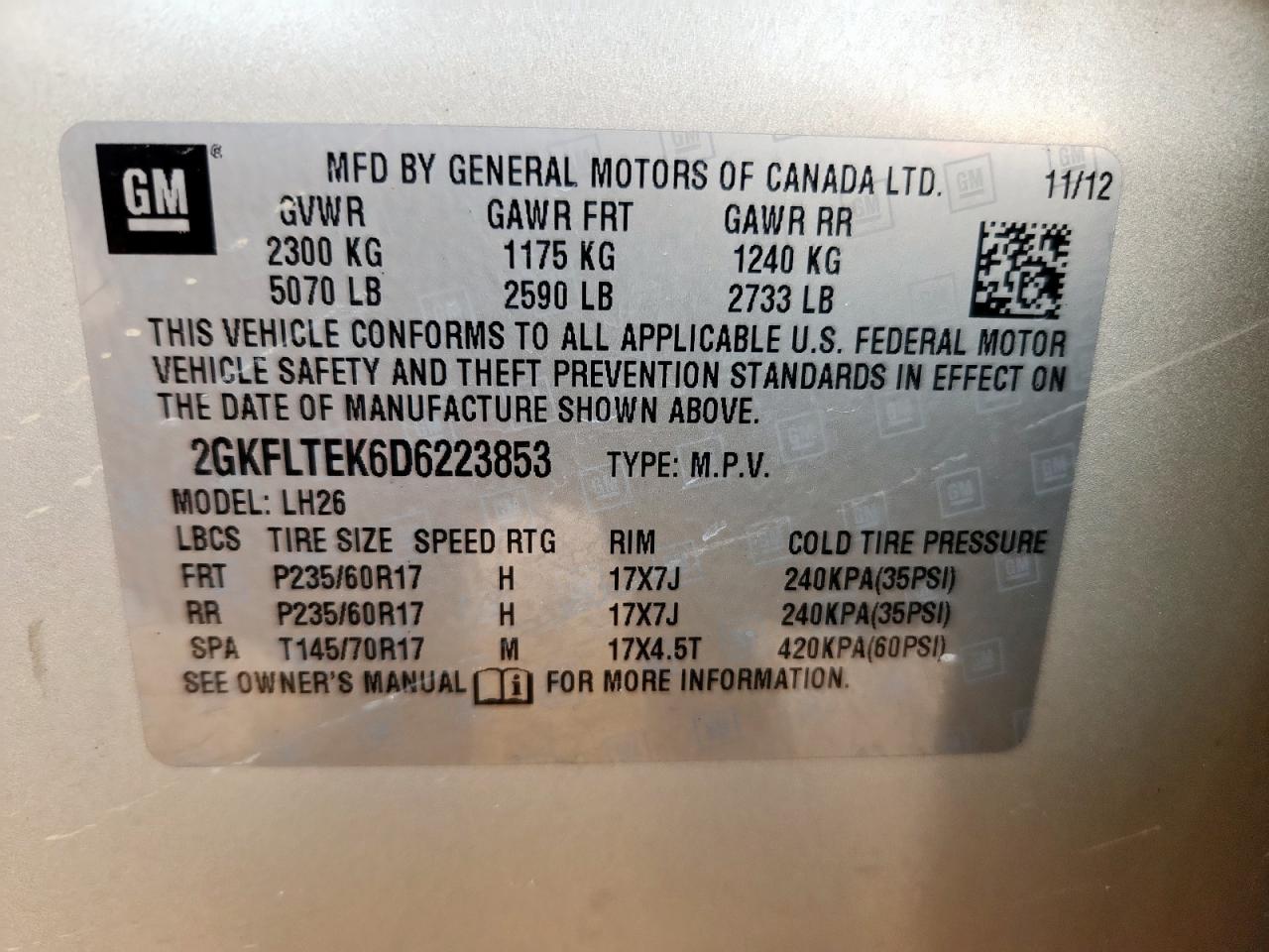 2013 GMC Terrain Sle VIN: 2GKFLTEK6D6223853 Lot: 80138975