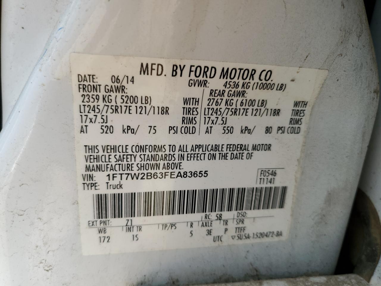 2015 Ford F250 Super Duty VIN: 1FT7W2B63FEA83655 Lot: 72002385