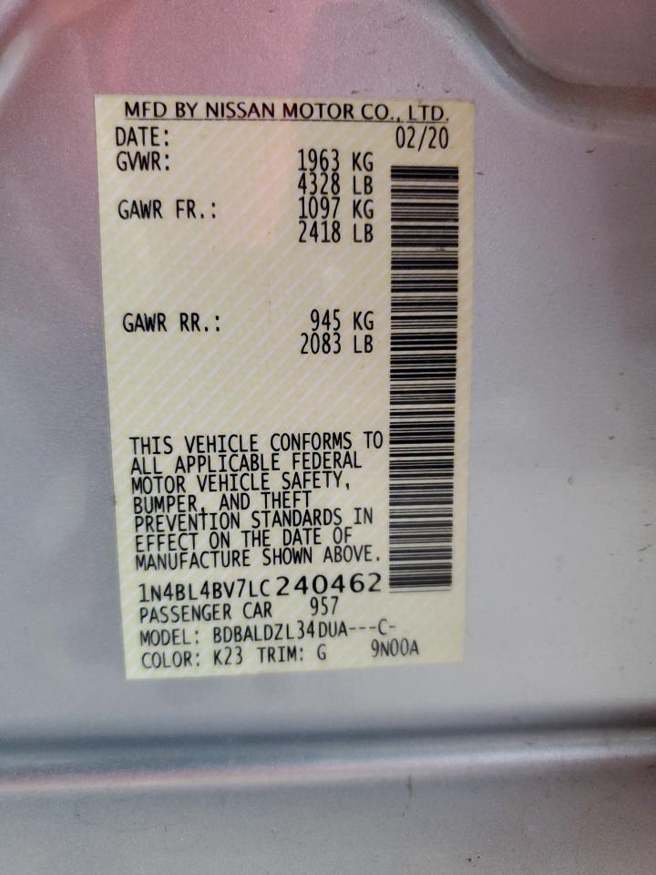 2020 Nissan Altima S VIN: 1N4BL4BV7LC240462 Lot: 84249185