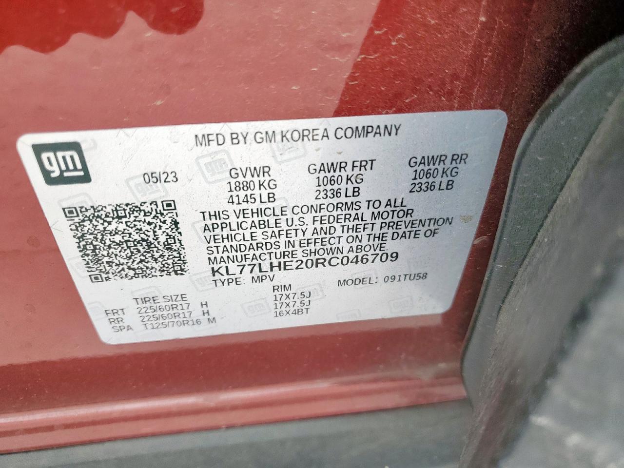 2024 Chevrolet Trax 1Lt VIN: KL77LKE20RC146709 Lot: 83866415