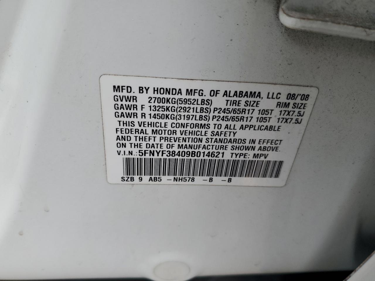 2009 Honda Pilot Ex VIN: 5FNYF38409B014621 Lot: 80908995