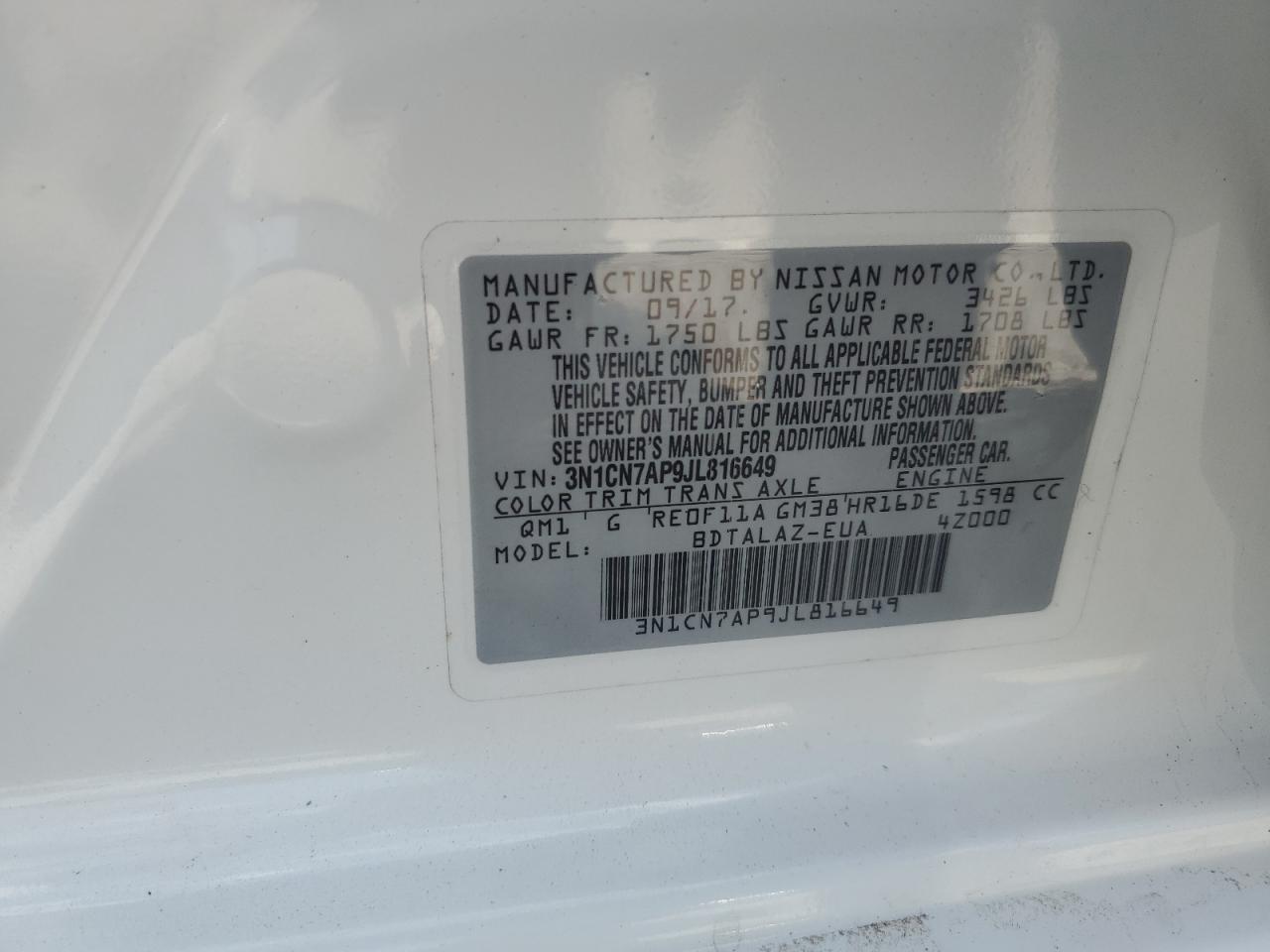 2018 Nissan Versa S VIN: 3N1CN7AP9JL816649 Lot: 72012965