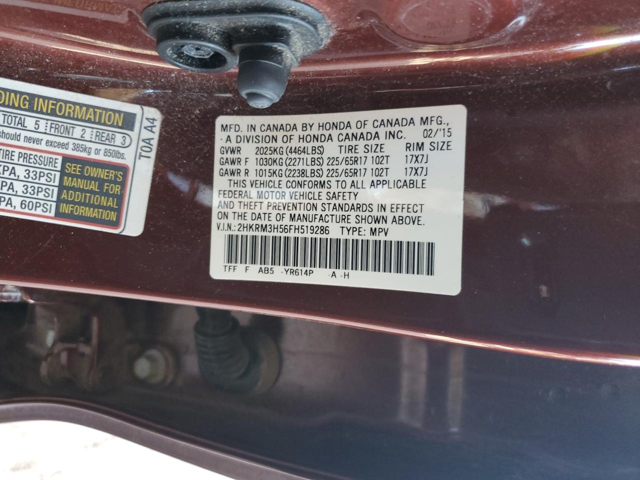 2015 Honda Cr-V Ex VIN: 2HKRM3H56FH519286 Lot: 81909105