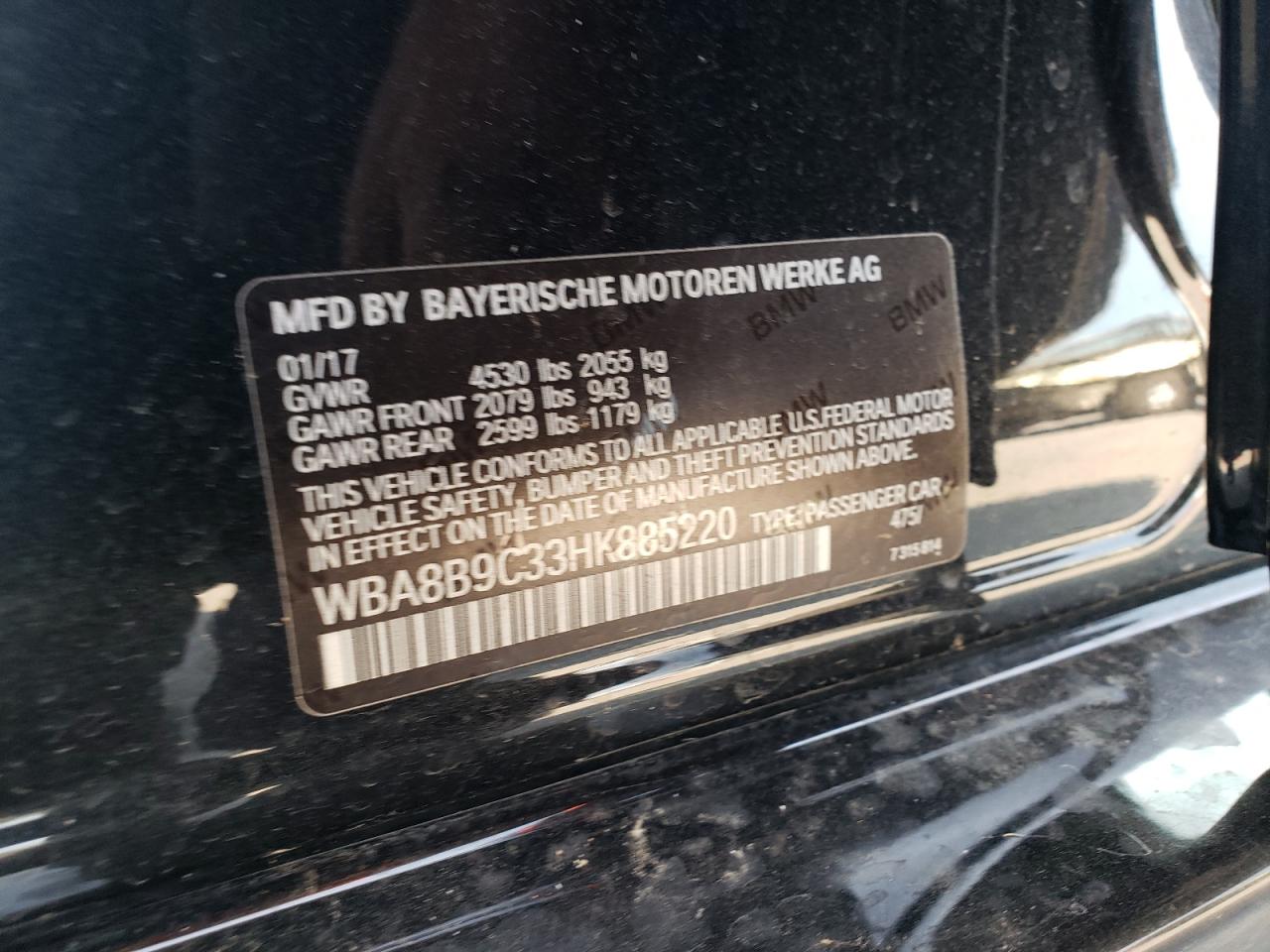 2017 BMW 330 I VIN: WBA8B9C33HK885220 Lot: 80325485