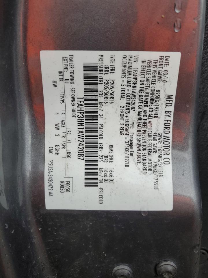 2010 Ford Focus Sel VIN: 1FAHP3HN1AW242087 Lot: 84801195