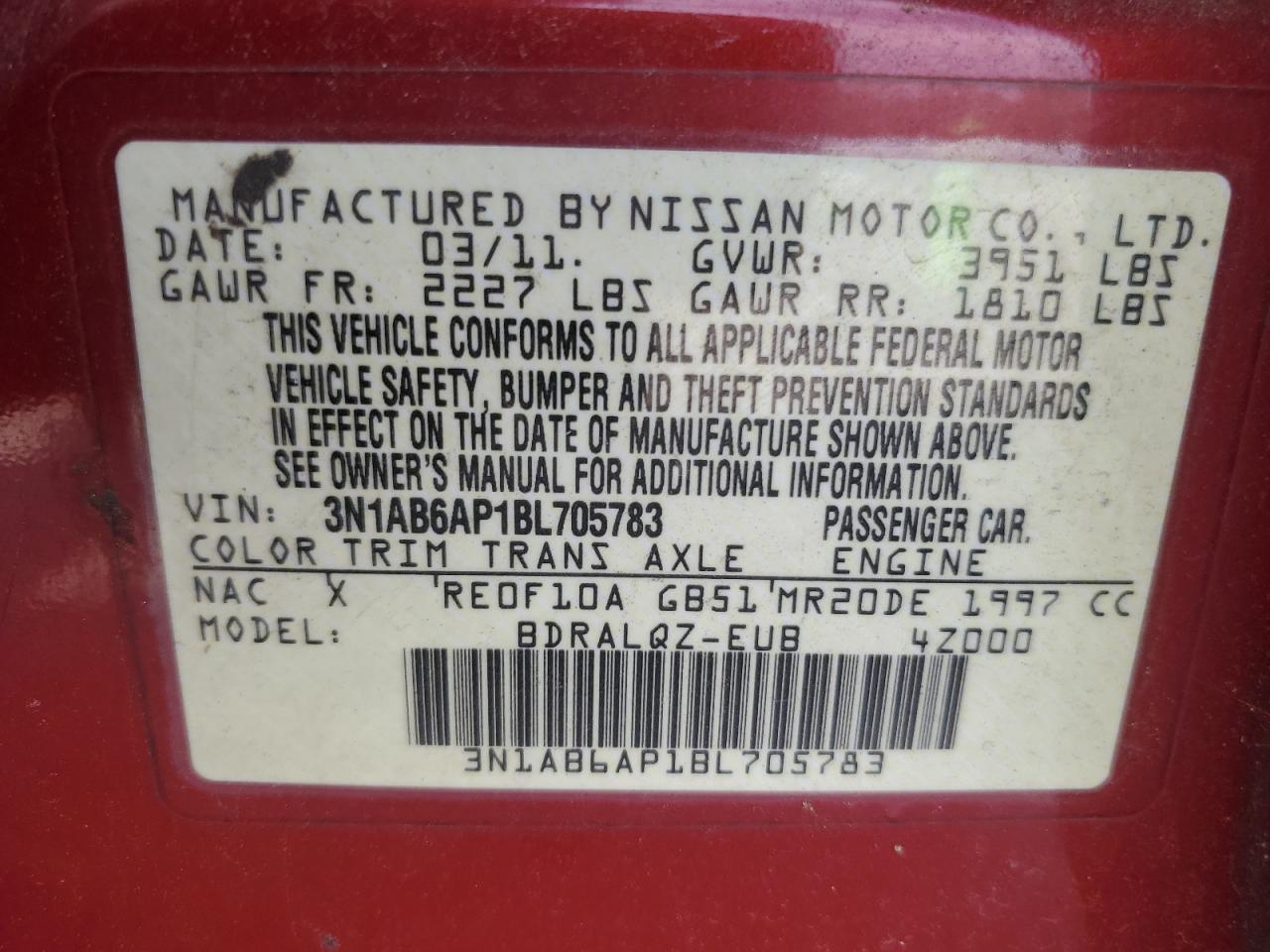 2011 Nissan Sentra 2.0 VIN: 3N1AB6AP1BL705783 Lot: 84447295