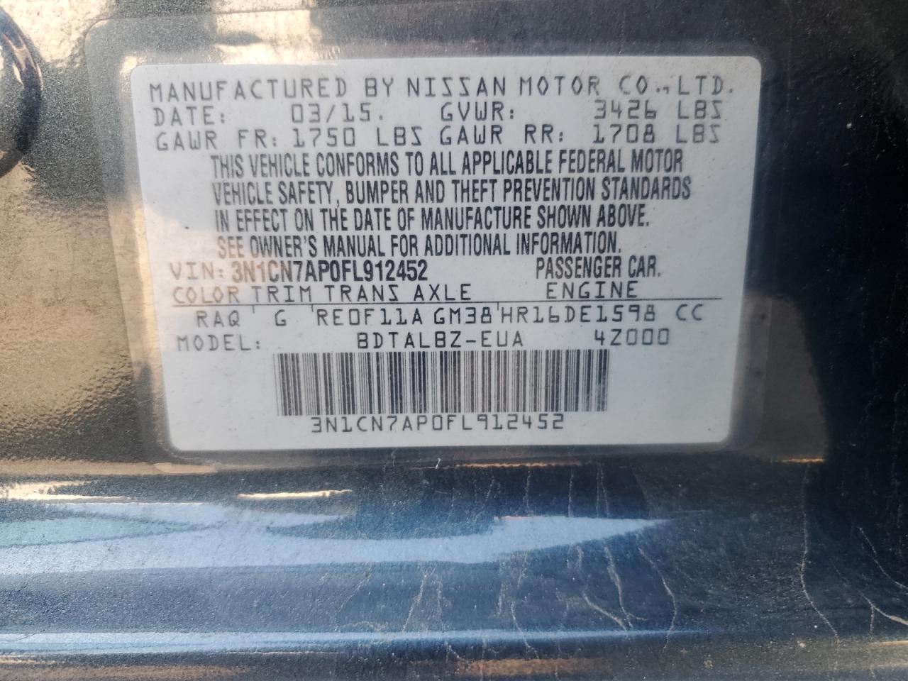 2015 Nissan Versa S VIN: 3N1CN7AP0FL912452 Lot: 80373095