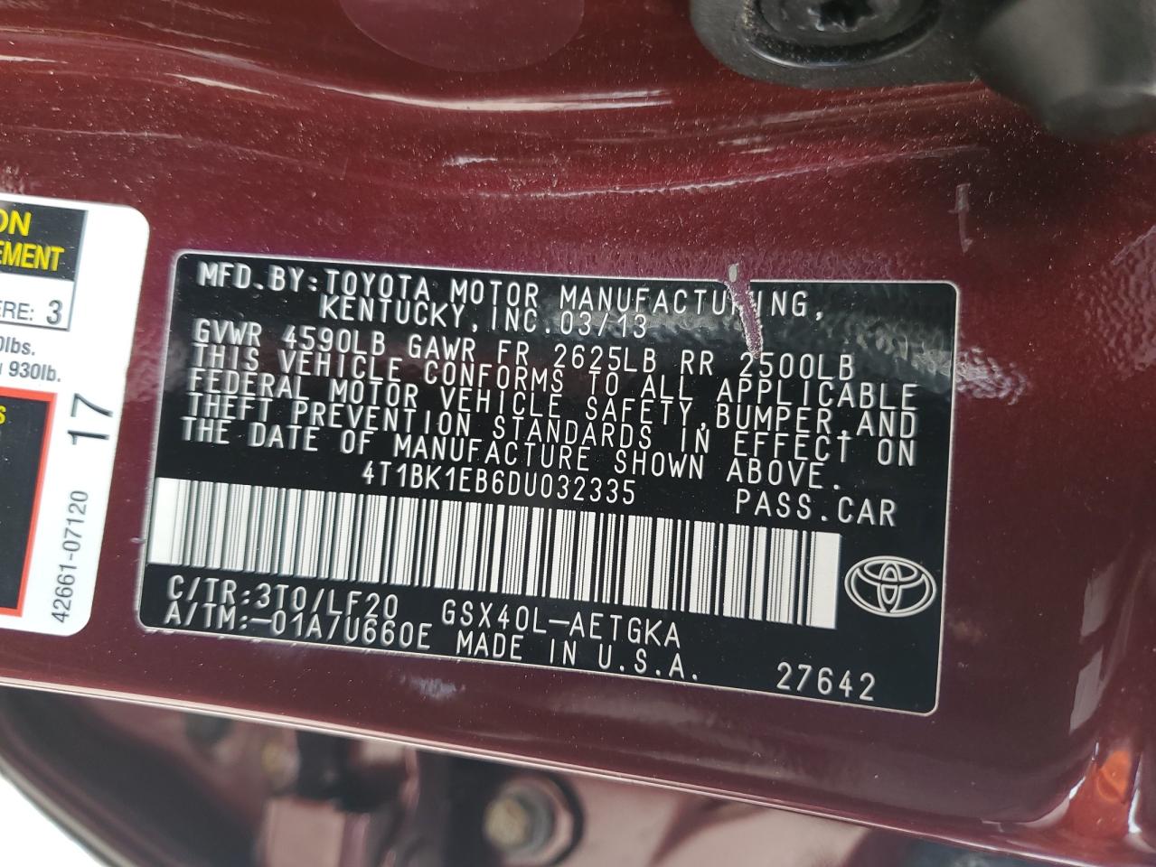 2013 Toyota Avalon Base VIN: 4T1BK1EB6DU032335 Lot: 80057185