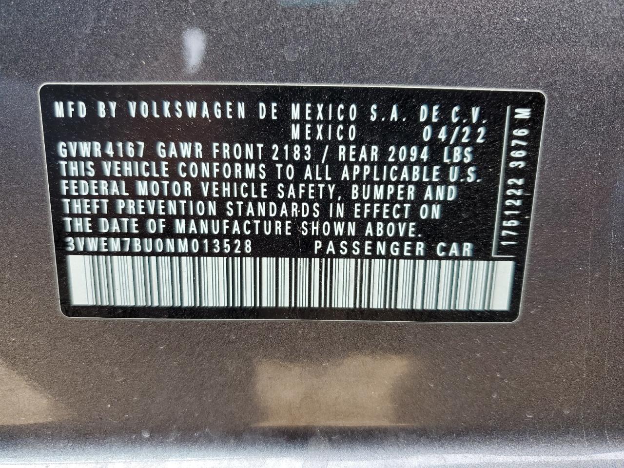 2022 Volkswagen Jetta Se VIN: 3VWEM7BU0NM013528 Lot: 81865885