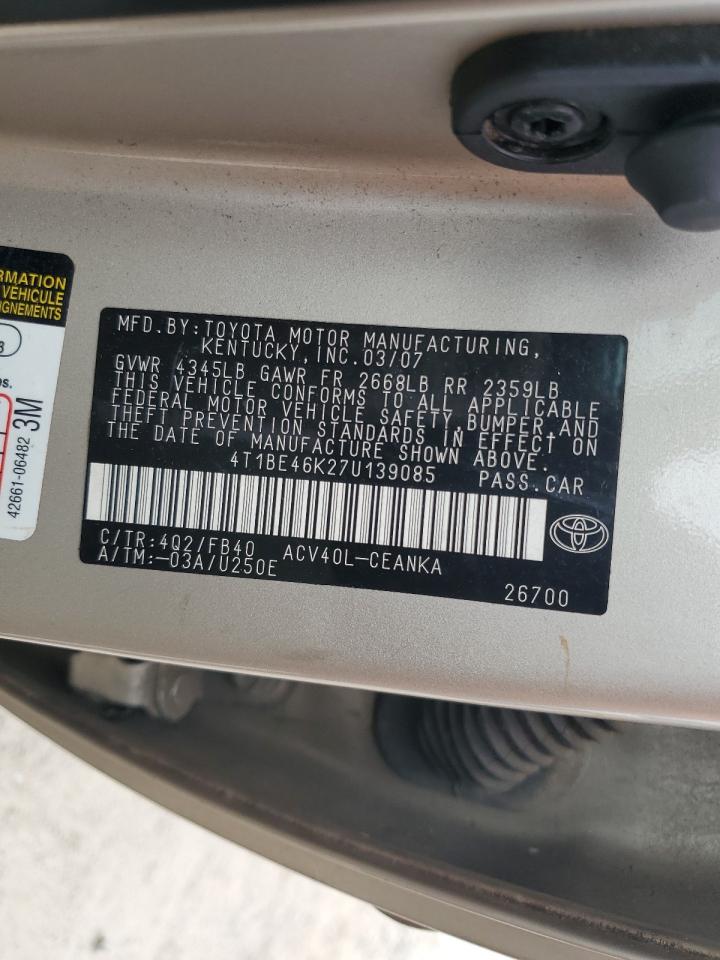 2007 Toyota Camry Ce VIN: 4T1BE46K27U139085 Lot: 80354305