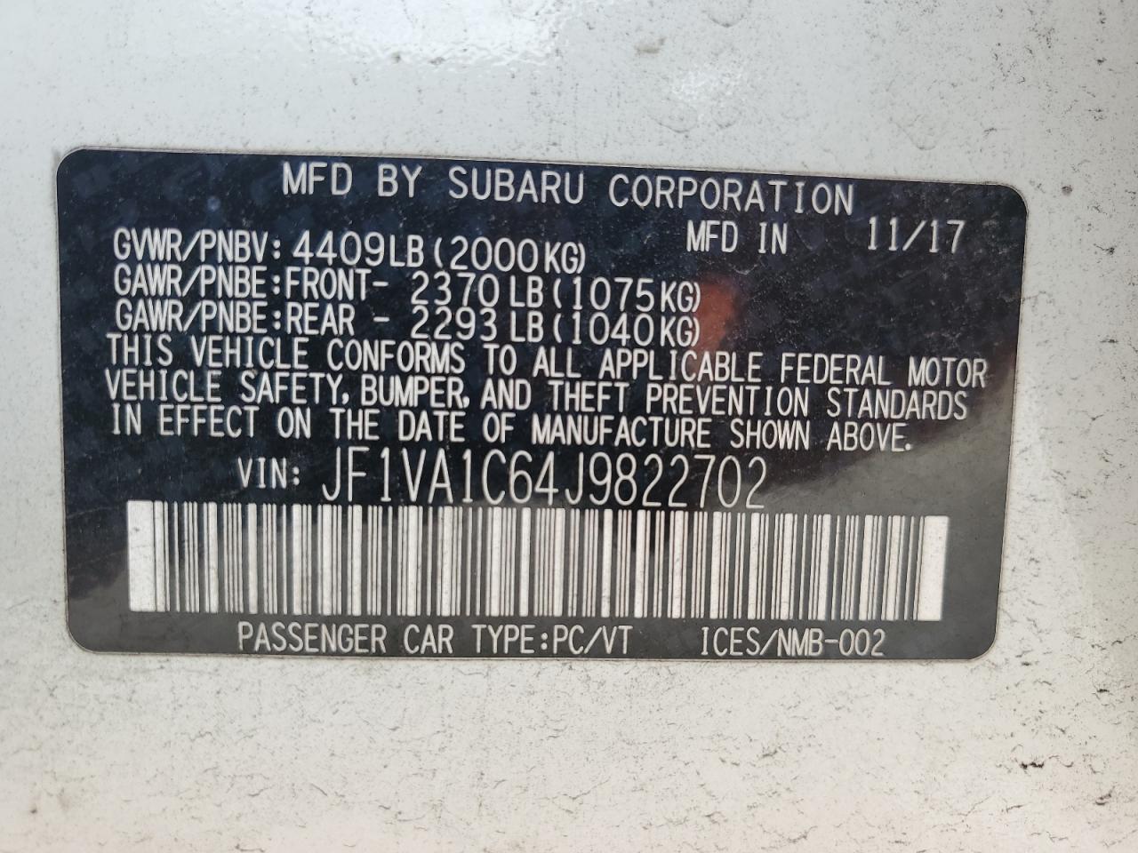 2018 Subaru Wrx Premium VIN: JF1VA1C64J9822702 Lot: 81094005