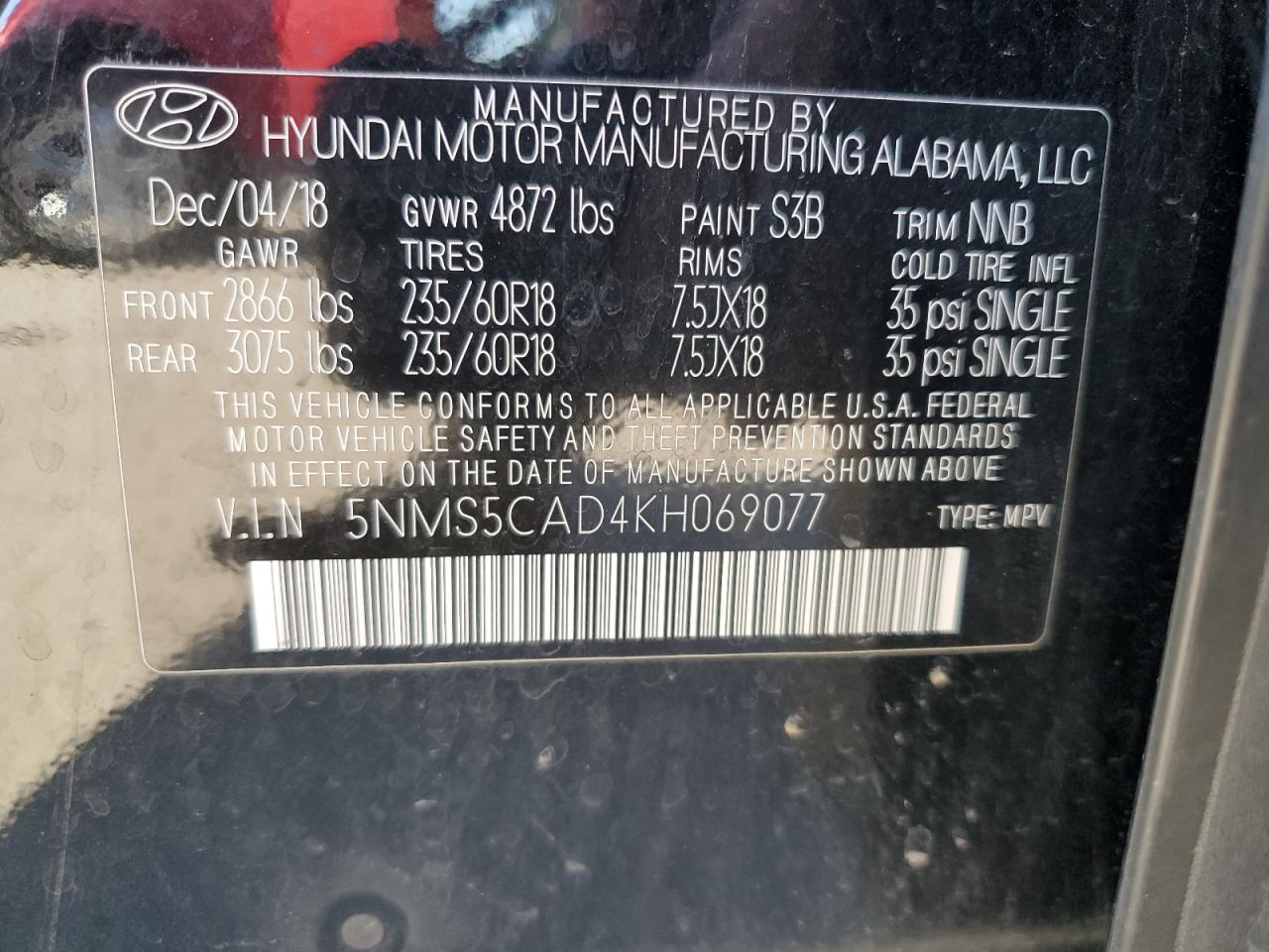 2019 Hyundai Santa Fe Limited VIN: 5NMS5CAD4KH069077 Lot: 83856335