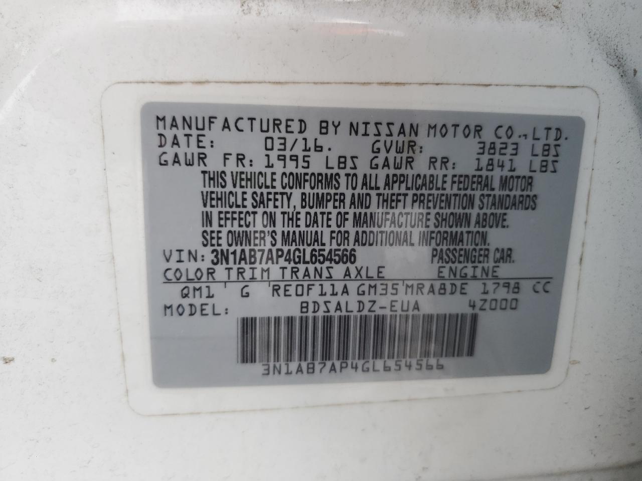 2016 Nissan Sentra S VIN: 3N1AB7AP4GL654566 Lot: 80202575