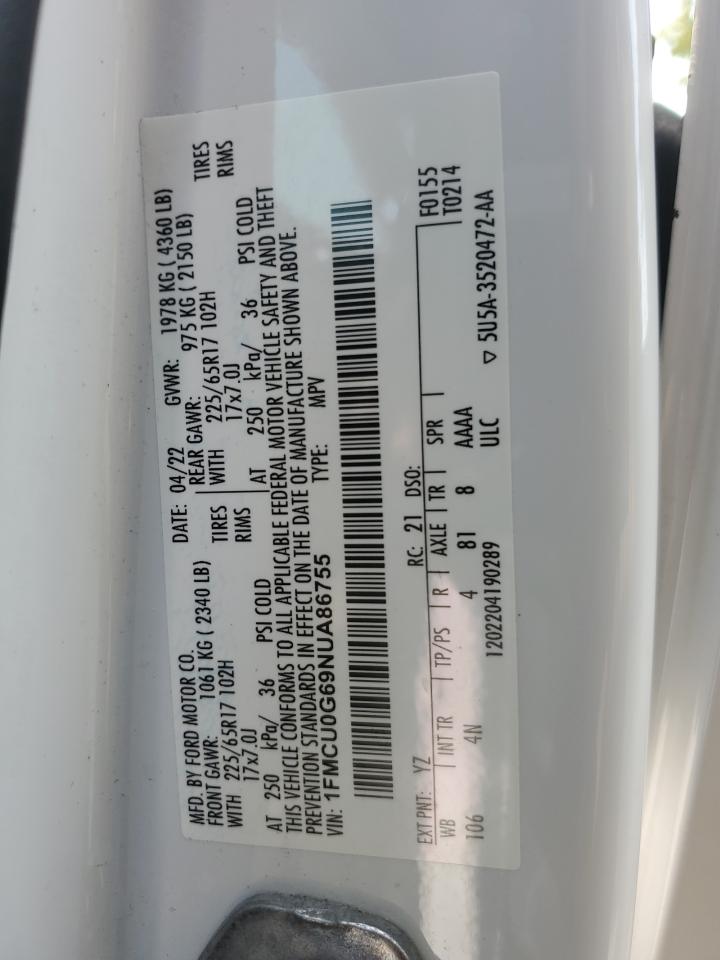 2022 Ford Escape Se VIN: 1FMCU0G69NUA86755 Lot: 71684935