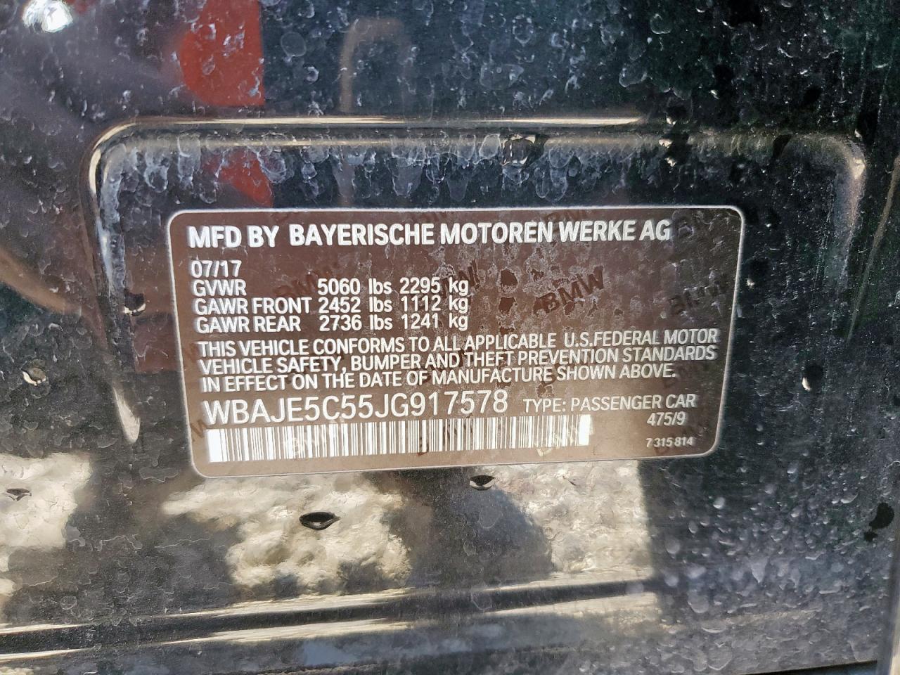 2018 BMW 540 I VIN: WBAJE5C55JG917578 Lot: 80906395