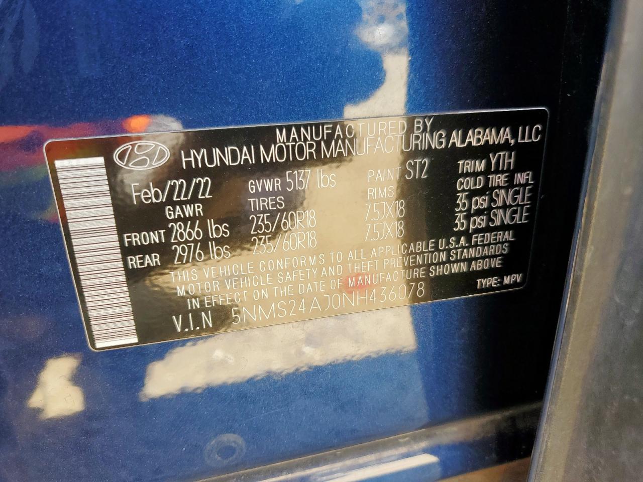 2022 Hyundai Santa Fe Sel VIN: 5NMS24AJ0NH436078 Lot: 71046835