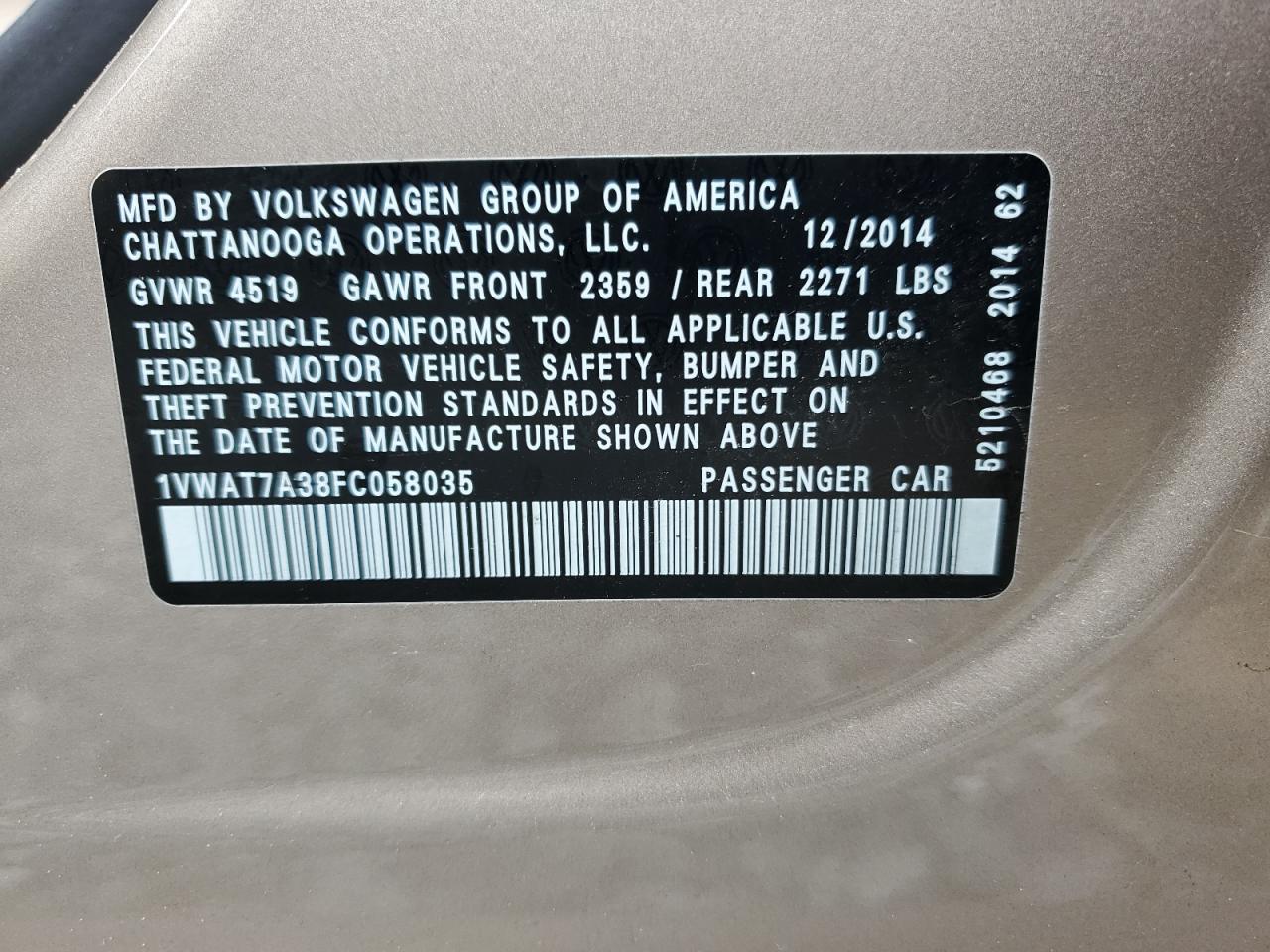 2015 Volkswagen Passat S VIN: 1VWAT7A38FC058035 Lot: 80244385