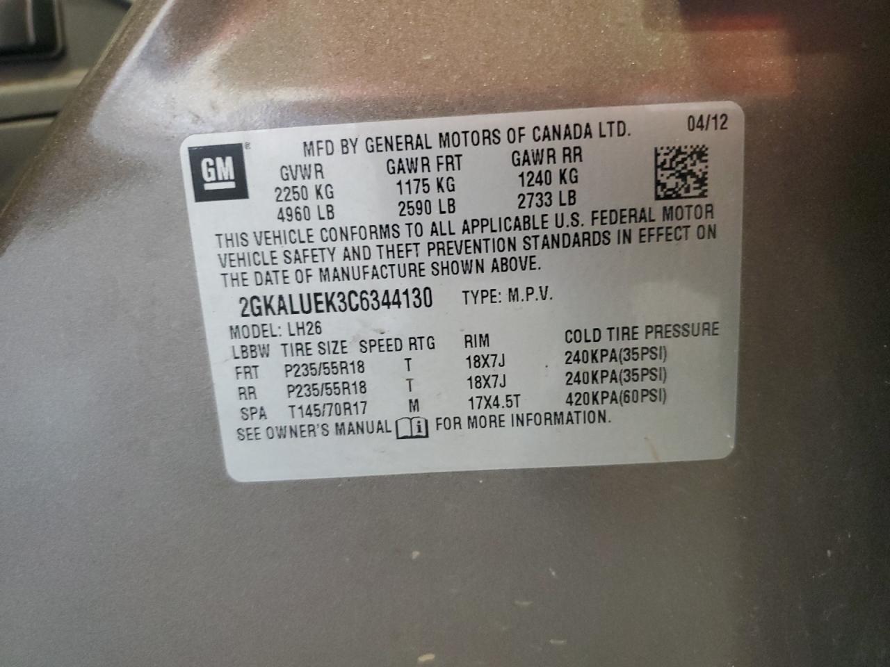 2012 GMC Terrain Slt VIN: 2GKALUEK3C6344130 Lot: 84399875