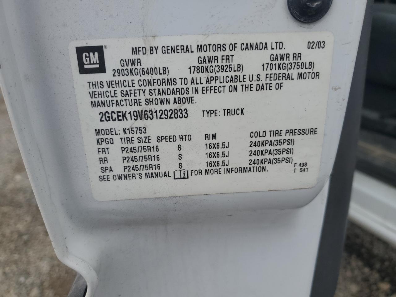 2003 Chevrolet Silverado K1500 VIN: 2GCEK19V631292833 Lot: 80130475