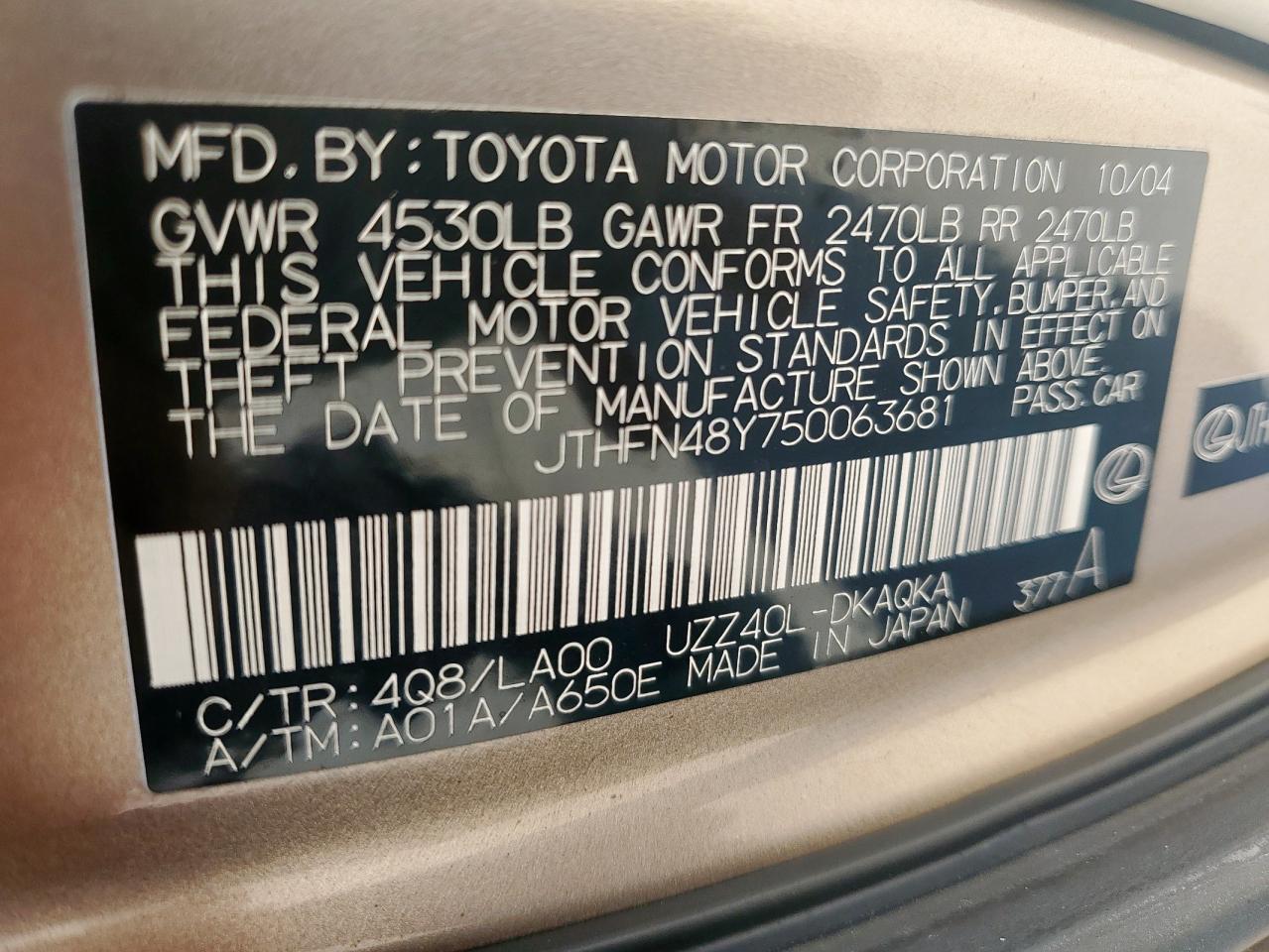 2005 Lexus Sc 430 VIN: JTHFN48Y750063681 Lot: 80174285