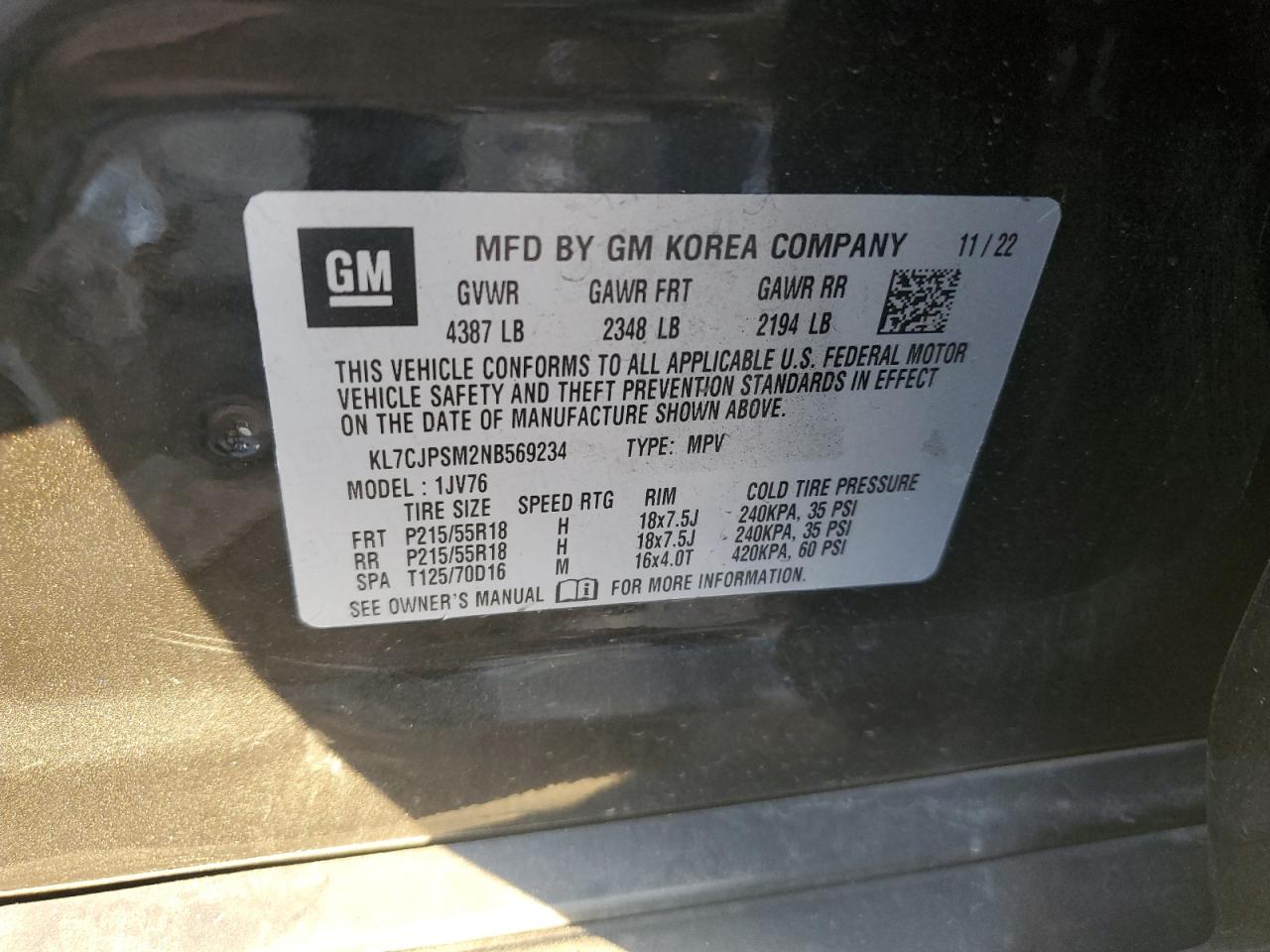 2022 Chevrolet Trax 1Lt VIN: KL7CJPSM2NB569234 Lot: 81666315