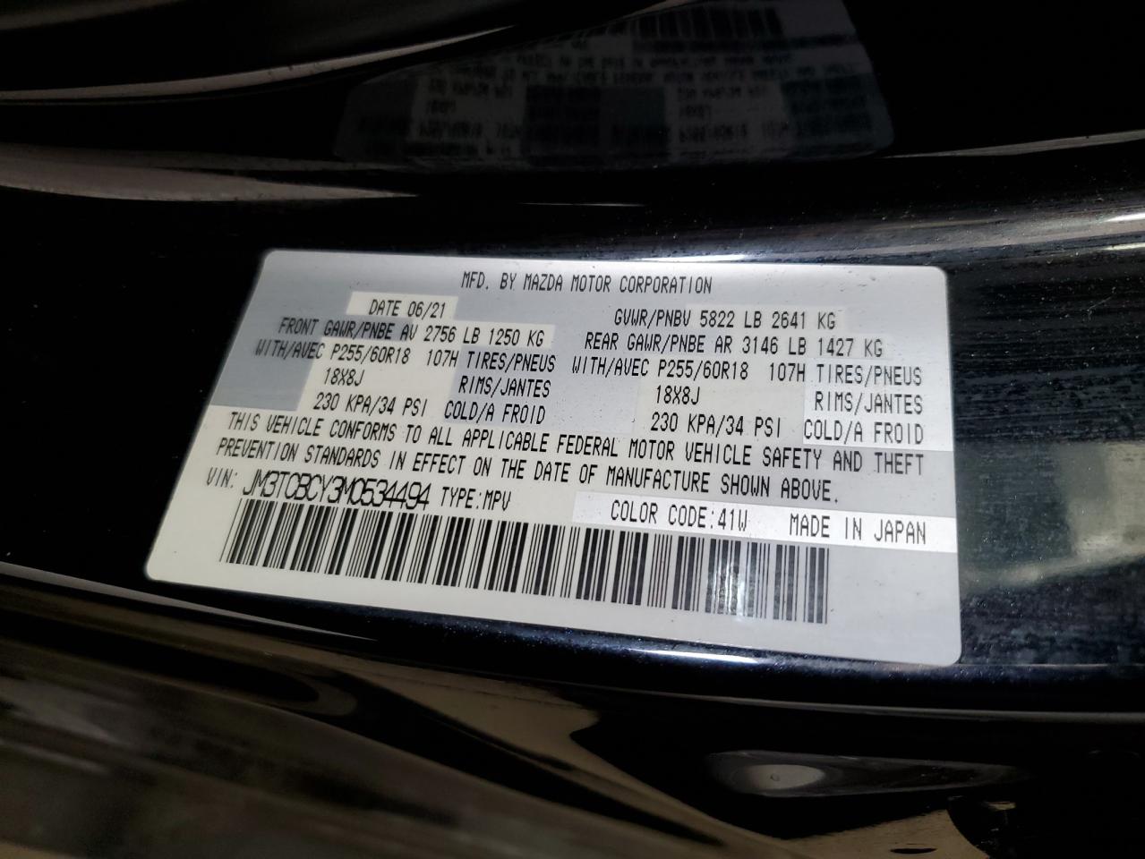 2021 Mazda Cx-9 Touring VIN: JM3TCBCY3M0534494 Lot: 80873395