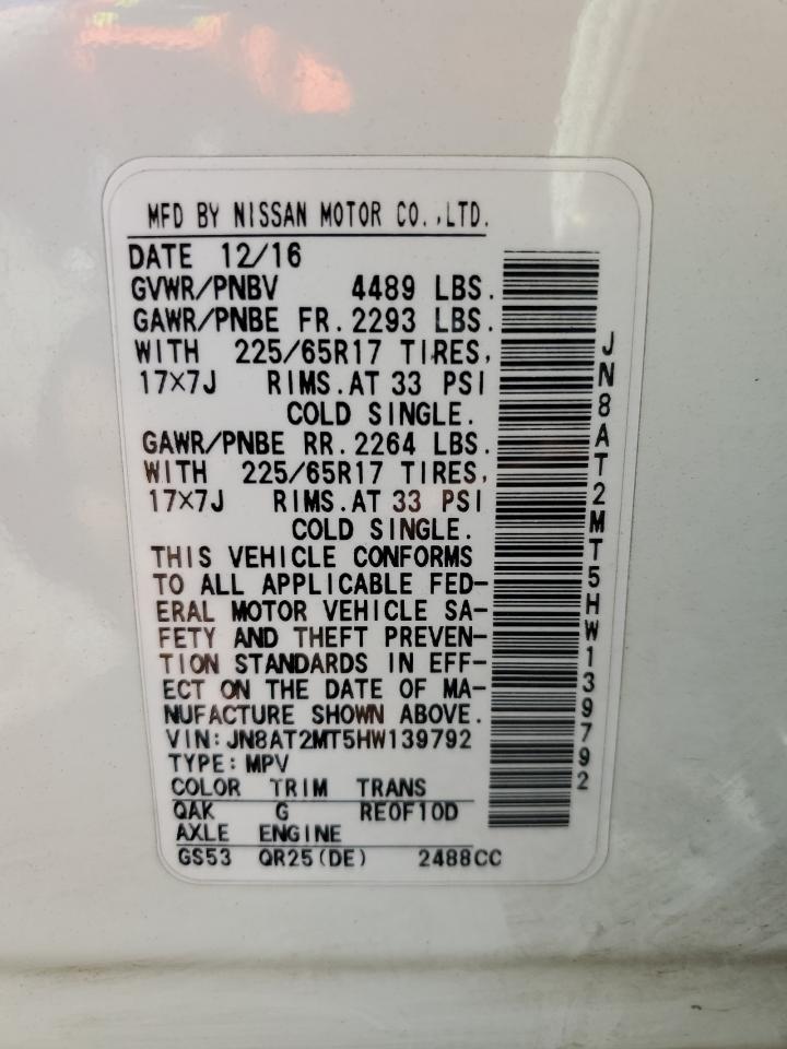 2017 Nissan Rogue S VIN: JN8AT2MT5HW139792 Lot: 81964365