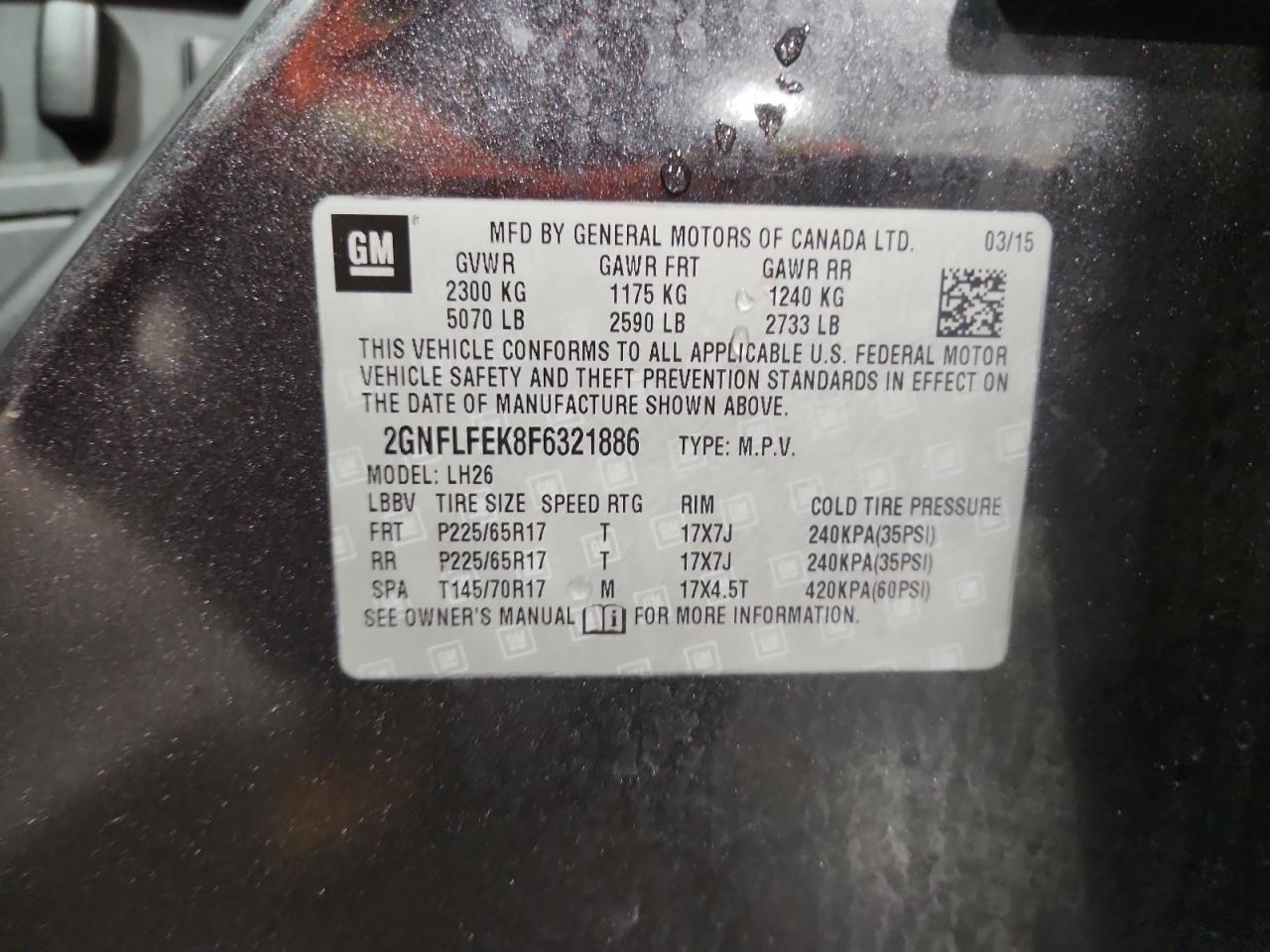 2015 Chevrolet Equinox Lt VIN: 2GNFLFEK8F6321886 Lot: 82097195