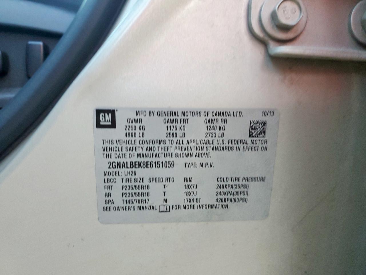 2014 Chevrolet Equinox Lt VIN: 2GNALBEK8E6151059 Lot: 81550005