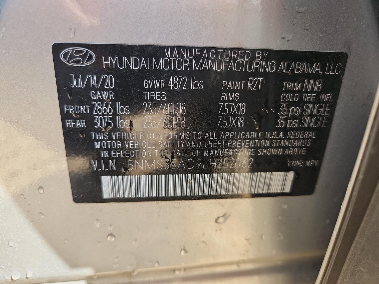 2020 Hyundai Santa Fe Sel VIN: 5NMS33AD9LH252062 Lot: 81024165