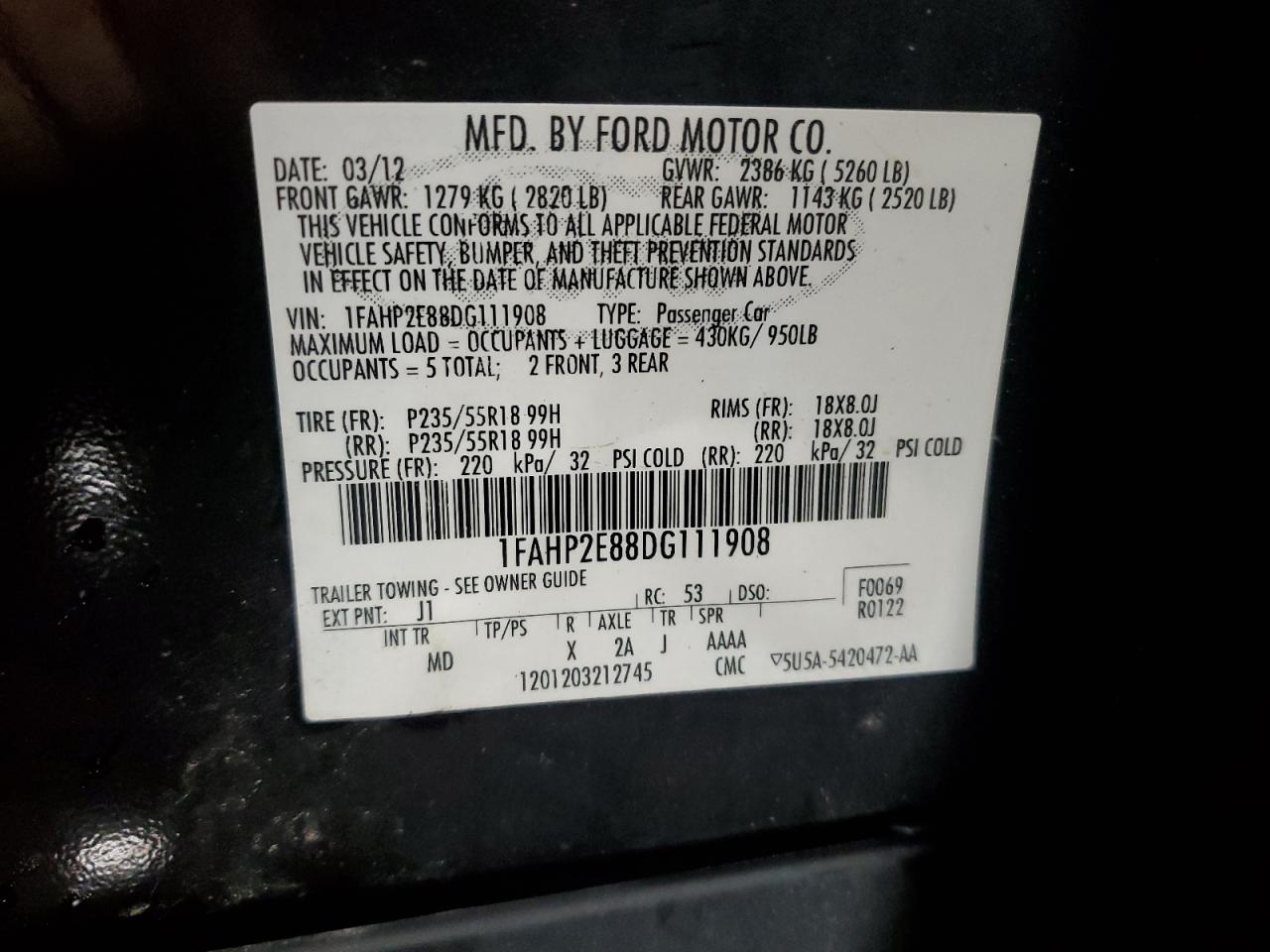 2013 Ford Taurus Sel VIN: 1FAHP2E88DG111908 Lot: 71839915