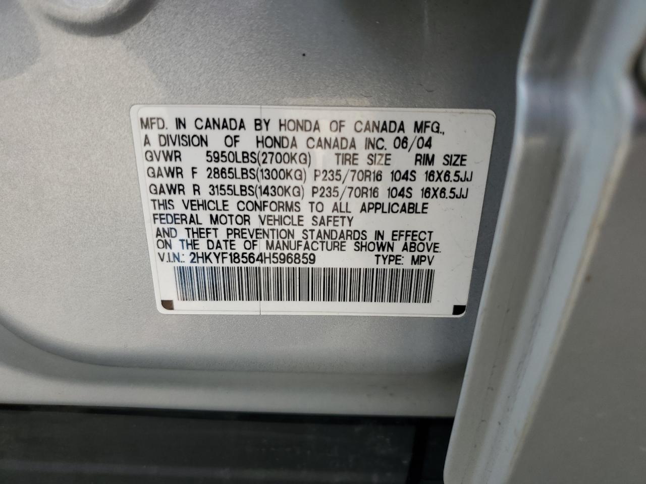 2004 Honda Pilot Exl VIN: 2HKYF18564H596859 Lot: 80671195