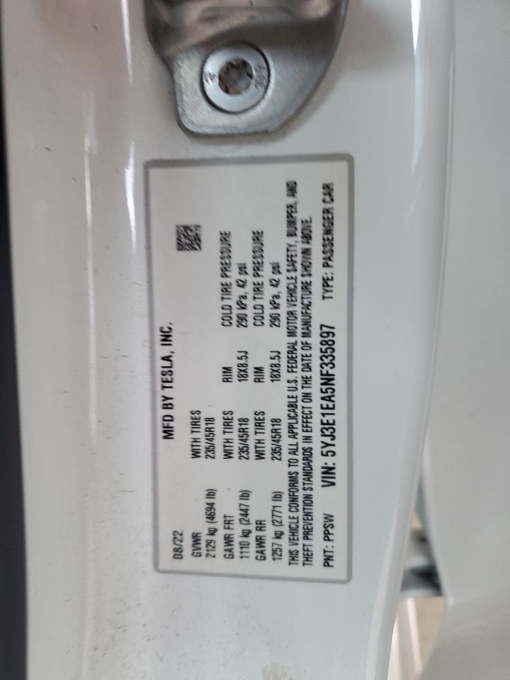 2022 Tesla Model 3 VIN: 5YJ3E1EA5NF335897 Lot: 84008995