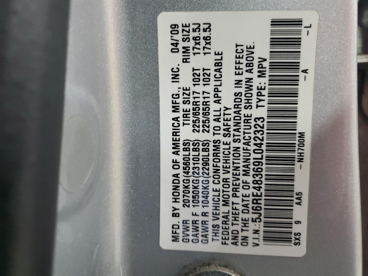 2009 Honda Cr-V Lx VIN: 5J6RE48369L042323 Lot: 71990345