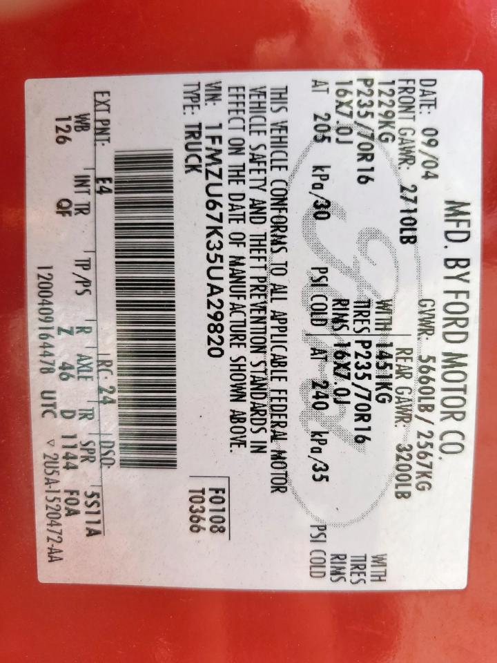 2005 Ford Explorer Sport Trac VIN: 1FMZU67K35UA29820 Lot: 80134075