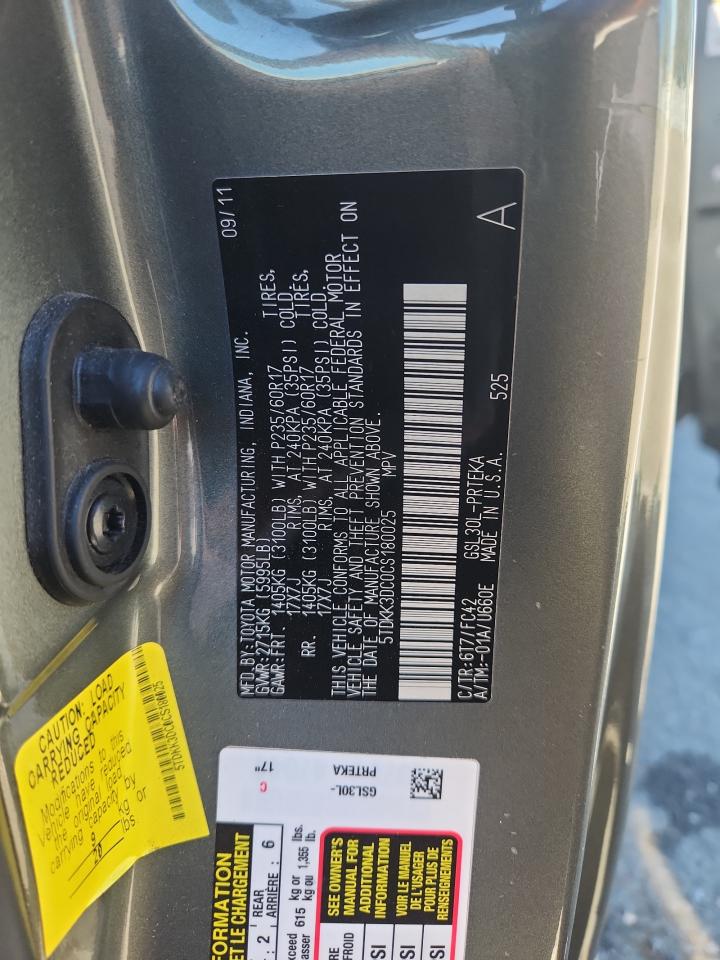 2012 Toyota Sienna Le VIN: 5TDKK3DC0CS180025 Lot: 72029525