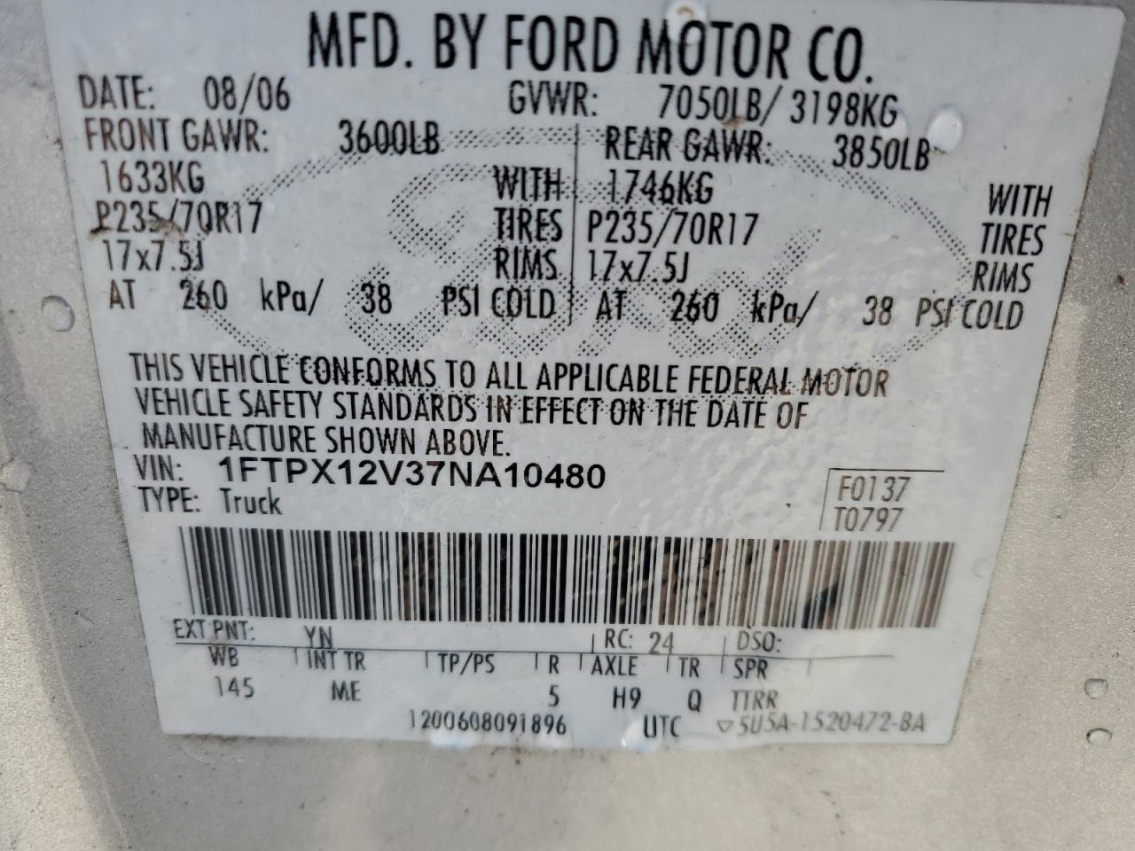 2007 Ford F150 VIN: 1FTPX12V37NA10480 Lot: 80642745