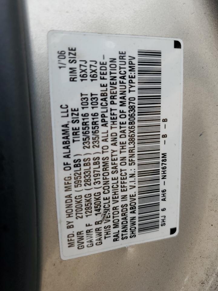 2006 Honda Odyssey Exl VIN: 5FNRL386X6B063870 Lot: 81727505