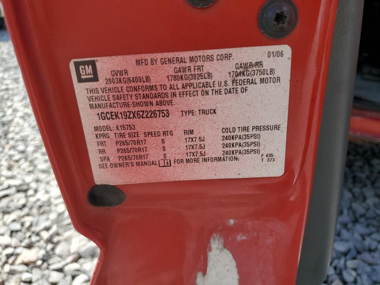 2006 Chevrolet Silverado K1500 VIN: 1GCEK19ZX6Z226753 Lot: 81004175