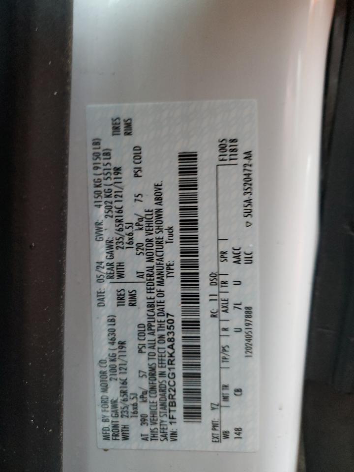 2024 Ford Transit T-250 VIN: 1FTBR2CG1RKA83507 Lot: 80599755