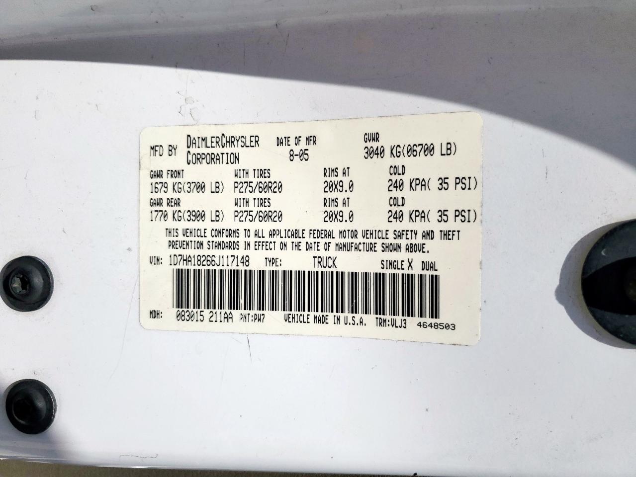 2006 Dodge Ram 1500 St VIN: 1D7HA18266J117148 Lot: 84613645