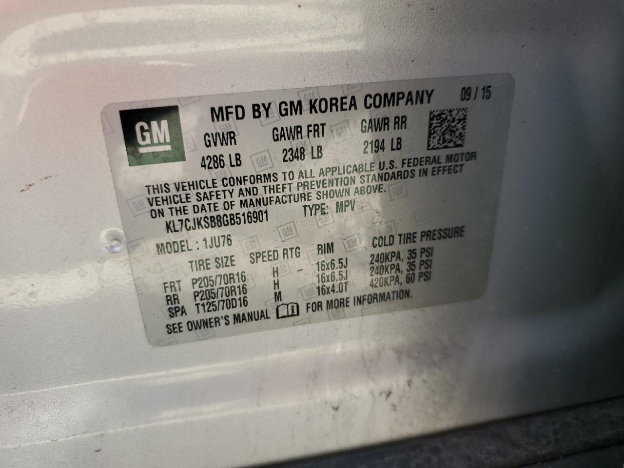 2016 Chevrolet Trax Ls VIN: KL7CJKSB8GB516901 Lot: 81770905