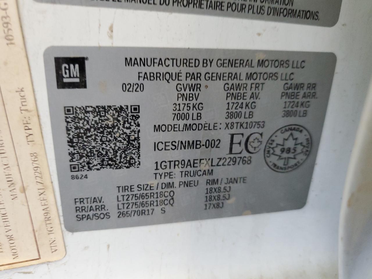 2020 GMC Sierra K1500 VIN: 1GTR9AEFXLZ229768 Lot: 80072765