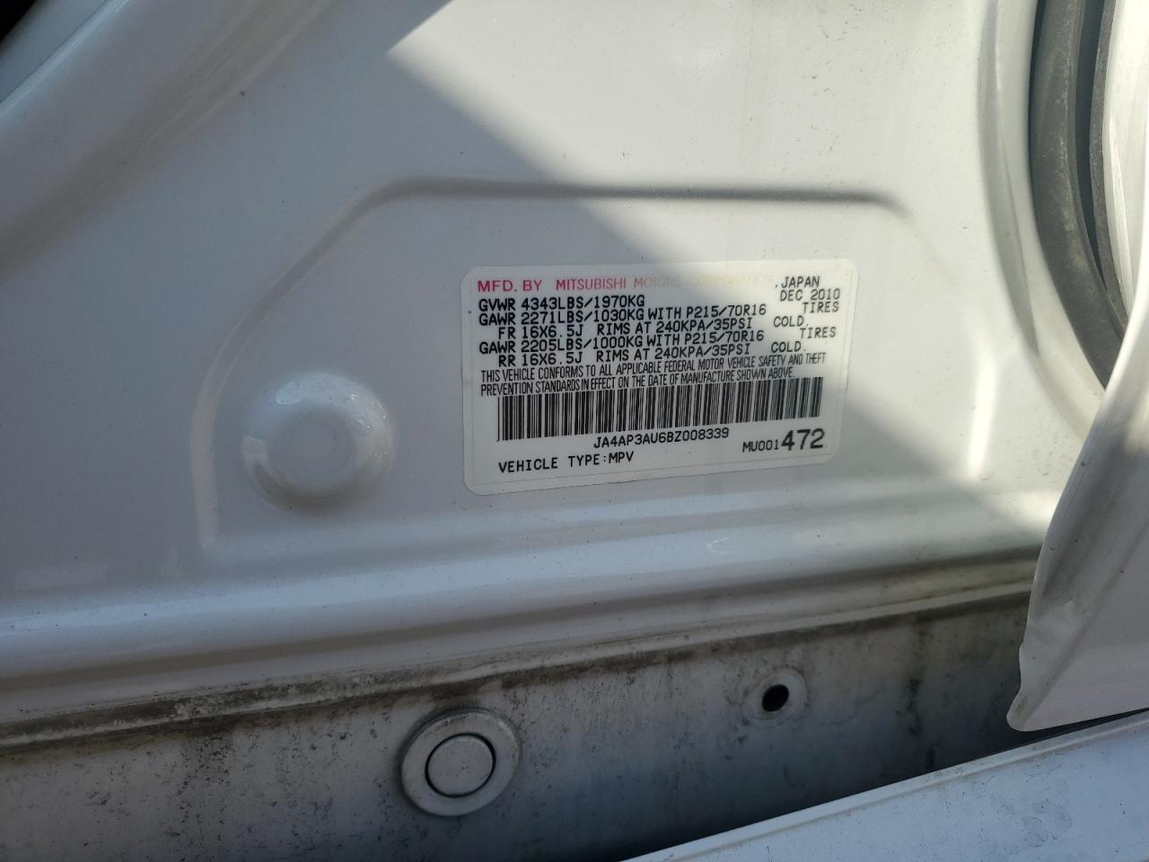 2011 Mitsubishi Outlander Sport Es VIN: JA4AP3AU6BZ008339 Lot: 81184375