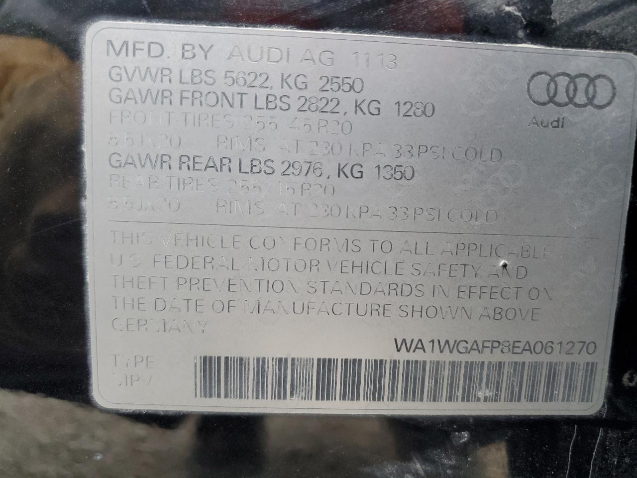 2014 Audi Q5 Prestige VIN: WA1WGAFP8EA061270 Lot: 80890305