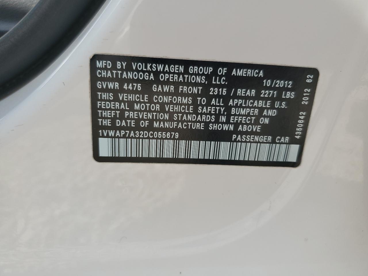 2013 Volkswagen Passat S VIN: 1VWAP7A32DC055679 Lot: 70546085