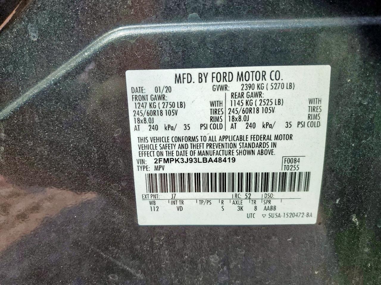 2020 Ford Edge Sel VIN: 2FMPK3J93LBA48419 Lot: 81015725